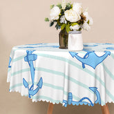Aperturee - Aperturee Nautical Blue and White Stripe Round Tablecloth with Anchors for Coastal and Sailor Themed Party Decor